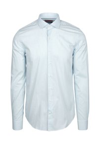 Lichtblauw geruit button-up shirt van katoen, met een klassieke kraag, lange mouwen en een afgeronde zoom.