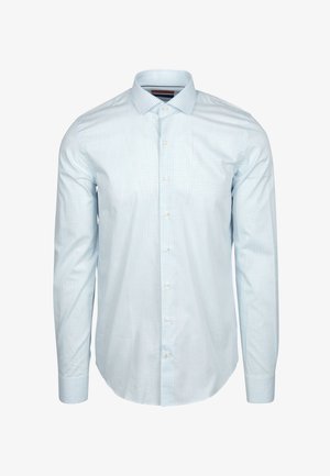 Lichtblauw geruit button-up shirt van katoen, met een klassieke kraag, lange mouwen en een afgeronde zoom.