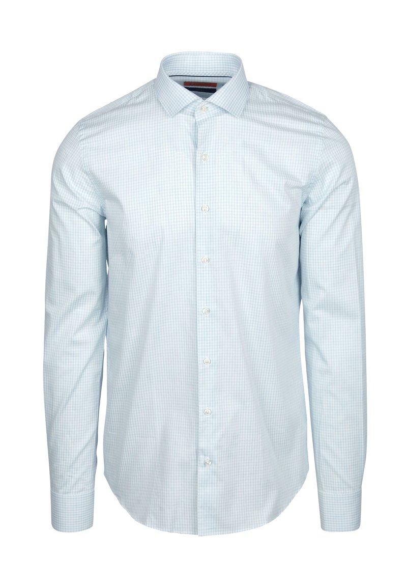 Lichtblauw geruit button-up shirt van katoen, met een klassieke kraag, lange mouwen en een afgeronde zoom.