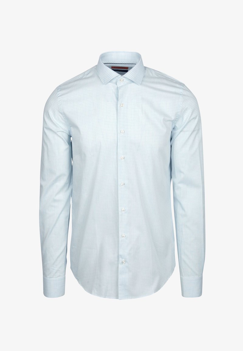 Lichtblauw geruit button-up shirt van katoen, met een klassieke kraag, lange mouwen en een afgeronde zoom.