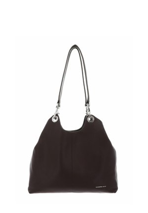 Black leather shoulder bag with silver ring attachments and double straps, featuring a small "Mandarina Duck" logo in the lower right corner.