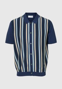 Polo majica s kratkimi rokavi z navpičnimi črtami v mornarsko modri, modri in bež barvi. Mehka tkanina, klasičen ovratnik in gumbasto zapiranje.