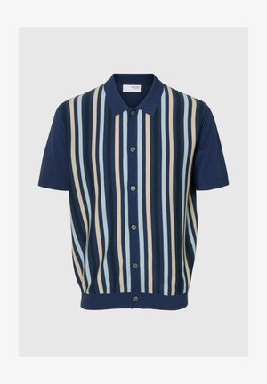 Polo à manches courtes avec des rayures verticales en marine, bleu et beige. Matériau doux, col classique et fermeture à boutons sur le devant.