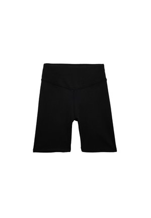 Sorte cykelshorts lavet af strækbart stof med en elastisk talje, der har en glat overflade og en tætsiddende pasform.