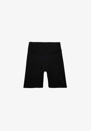 Zwarte fietshotpants van rekbaar materiaal met een elastische tailleband, met een gladde textuur en een getailleerd ontwerp.