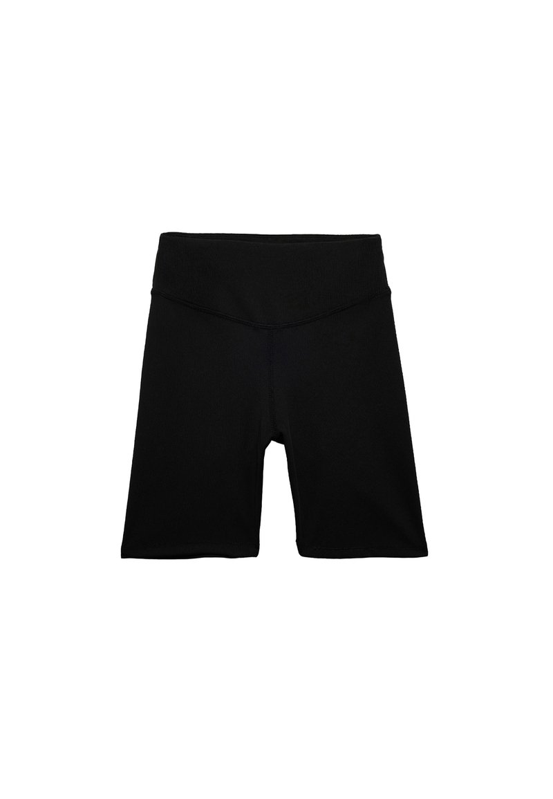 Pantaloni ciclistici neri realizzati in tessuto elastico con cintura elastica, caratterizzati da una texture liscia e un design aderente.