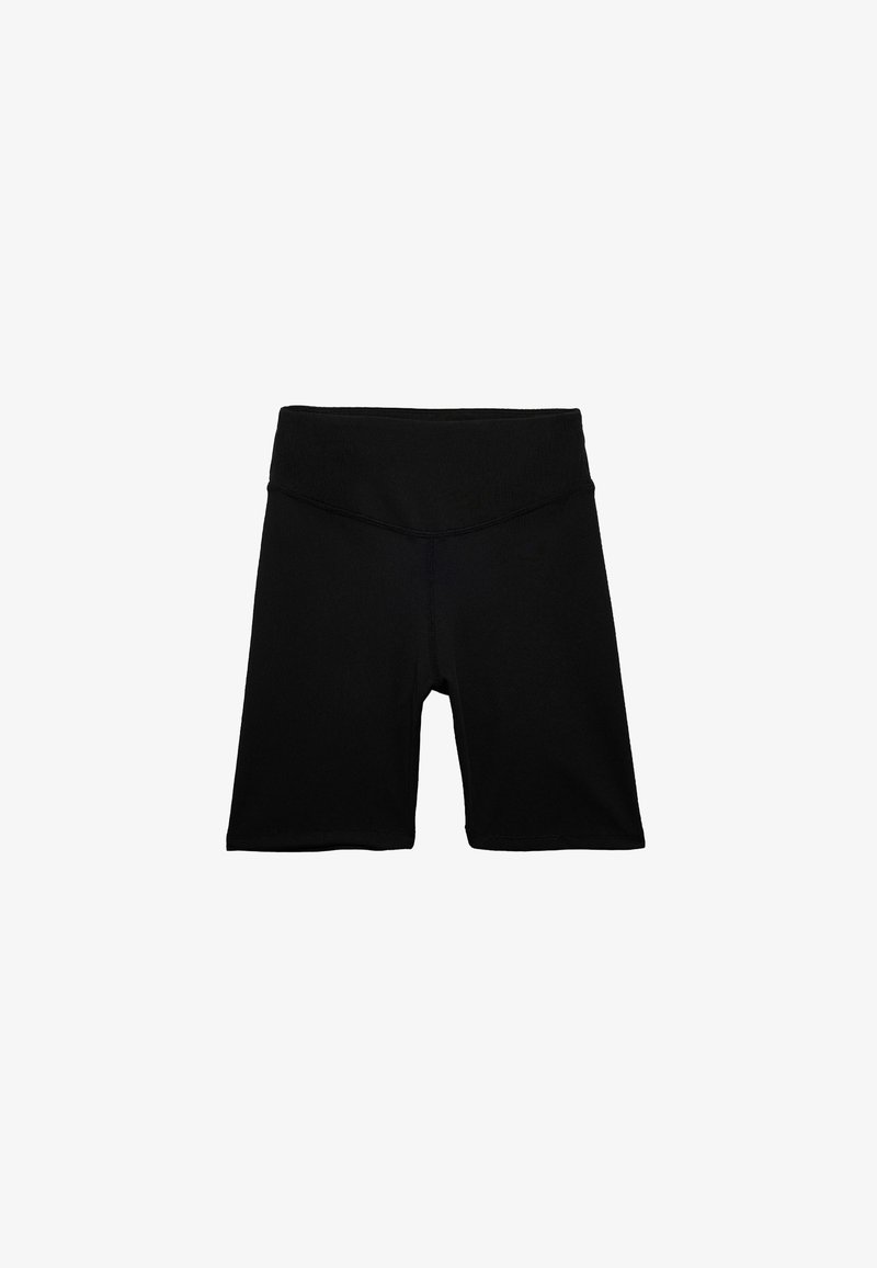 Pantaloni ciclistici neri realizzati in tessuto elastico con cintura elastica, caratterizzati da una texture liscia e un design aderente.