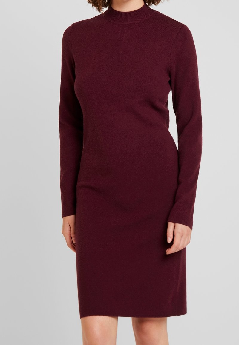 Robe bordeaux à manches longues avec un col montant, de forme ajustée et à la texture lisse, atteignant juste au-dessus du genou. Design simple, sans motifs.