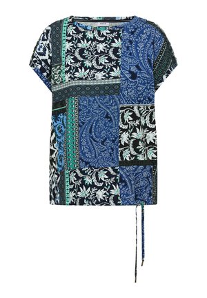 Damenbluse mit kurzen Ärmeln und einem Patchworkmuster aus blau, schwarz, weiß und grün in floralen und Paisley-Designs, versehen mit einem seitlichen Kordelzug.