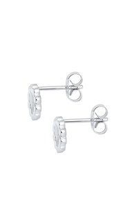 Silberne Steckerohrringe mit floralem Design, gewellten Kanten, polierter Oberfläche und Schmetterlingsverschluss. Durchmesser etwa 1 cm.