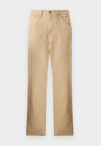 Beige cotton trousers with straight leg design, front pockets, and a button-fly closure. Smooth texture, minimal stitching detail.