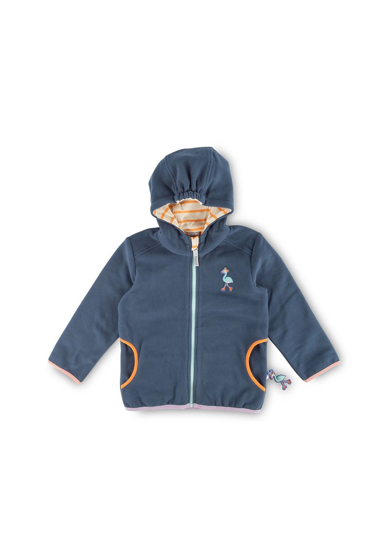 Fleece-Hoodie in Marineblau mit einem orangefarbenen Reißverschluss, gestreifter Fütterung und Taschen. Mit einer dekorativen Vogelstickerei auf der linken Brust.