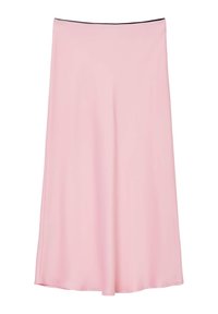 Jupe demi-longue en forme A, rose clair, avec un tissu lisse et une taille simple, présentée sur fond blanc.