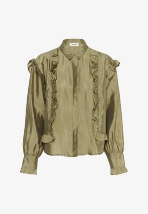 Khaki grøn bluse i blød satin med rynkede detaljer langs fronten og ærmerne. Har en krave og knaplukning.