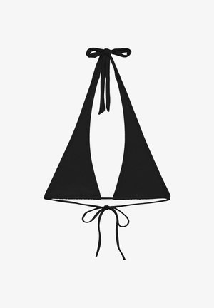 Black triangle halter bikini top with ties around neck and back on a white background.