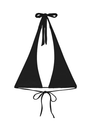 Top bikini a triangolo nero con laccetti intorno al collo e alla schiena su sfondo bianco.