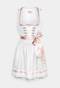 Robe Dirndl en tissu léger, comprenant un corsage à motifs, une jupe blanche, un nœud en satin rose à la taille et des accents décoratifs en dentelle.