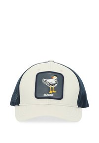 Cappello da baseball crema con lati in rete blu navy. Presenta un'etichetta quadrata con un'anatra ricamata e il testo "SEASIDE". Visiera curve.