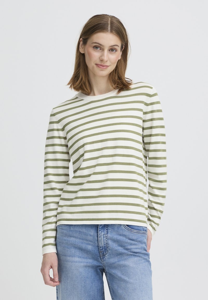 Chemise à manches longues à rayures horizontales vert olive et blanches, en coton doux, avec un col rond et une coupe décontractée.