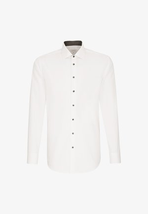 Weißes, langärmliges Hemd mit schwarzen Knöpfen und einem ausgestellten Kragen, dargestellt auf einem schlichten weißen Hintergrund.