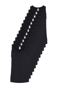 Sorte bomulds-tanktops arrangeret i en række, med rund halsudskæring og rene kanter, der viser et ensartet design og stoftekstur.