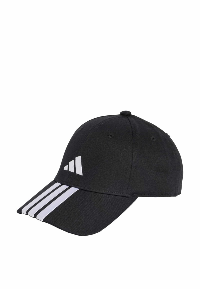 Black baseball cap made of fabric, featuring a curved brim, white three-stripe pattern on the front, and a logo on the side.