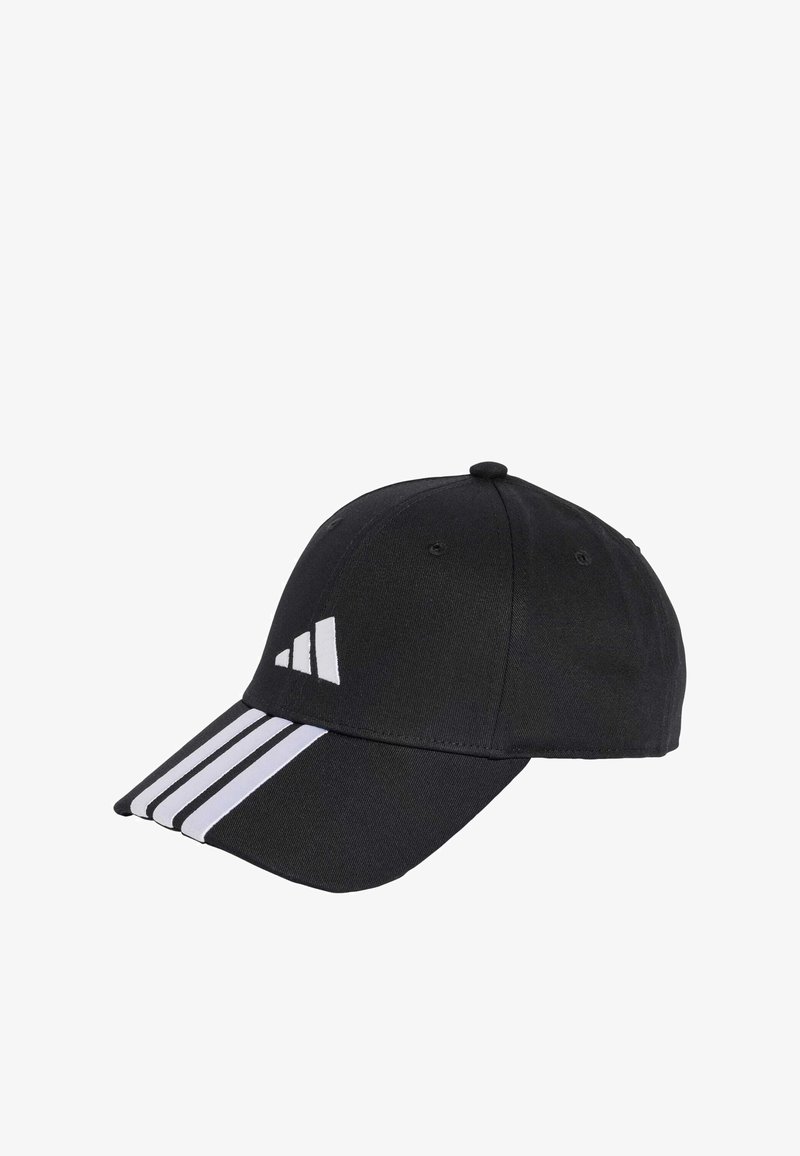 Crna bejzbol kapa izrađena od tkanine, s zakrivljenim vizirima, bijelim trostrukim uzorkom sprijeda i logom sa strane.