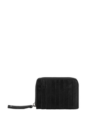 Black zippered wallet made of textured leather, featuring vertical grooves and a detachable strap. Logo is subtly embossed on one side.