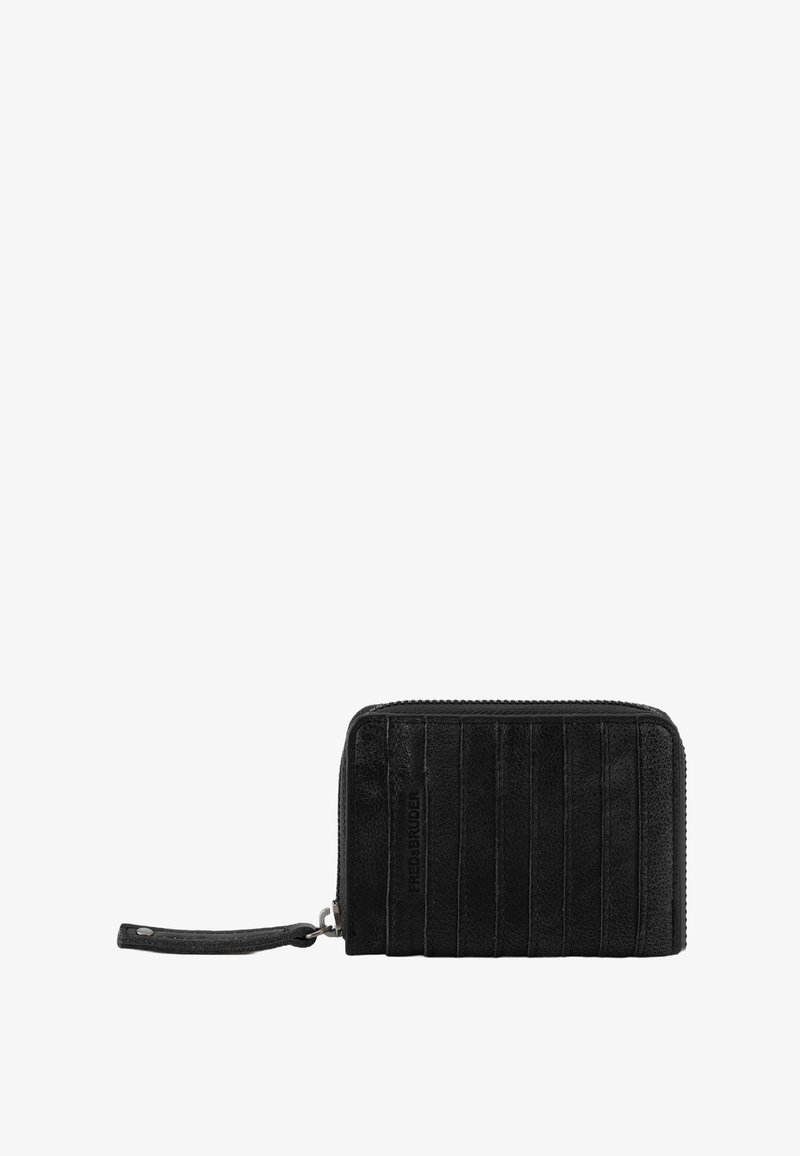 Black zippered wallet made of textured leather, featuring vertical grooves and a detachable strap. Logo is subtly embossed on one side.