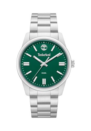 Sølvmetal ur med grøn urskive, sølv timeindikatorer, Timberland-logo og tre visere, der viser 10:08:37.