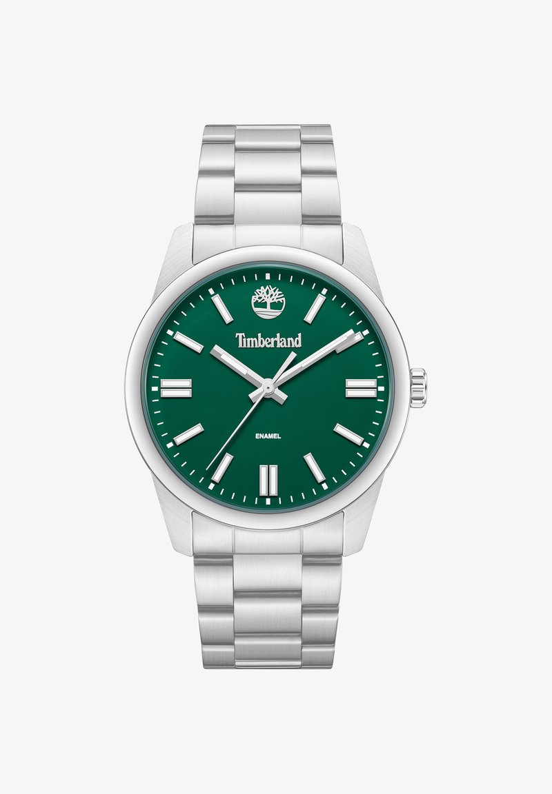 Montre-bracelet en métal argenté avec cadran vert, index argentés, logo Timberland, et trois aiguilles indiquant 10:08:37.