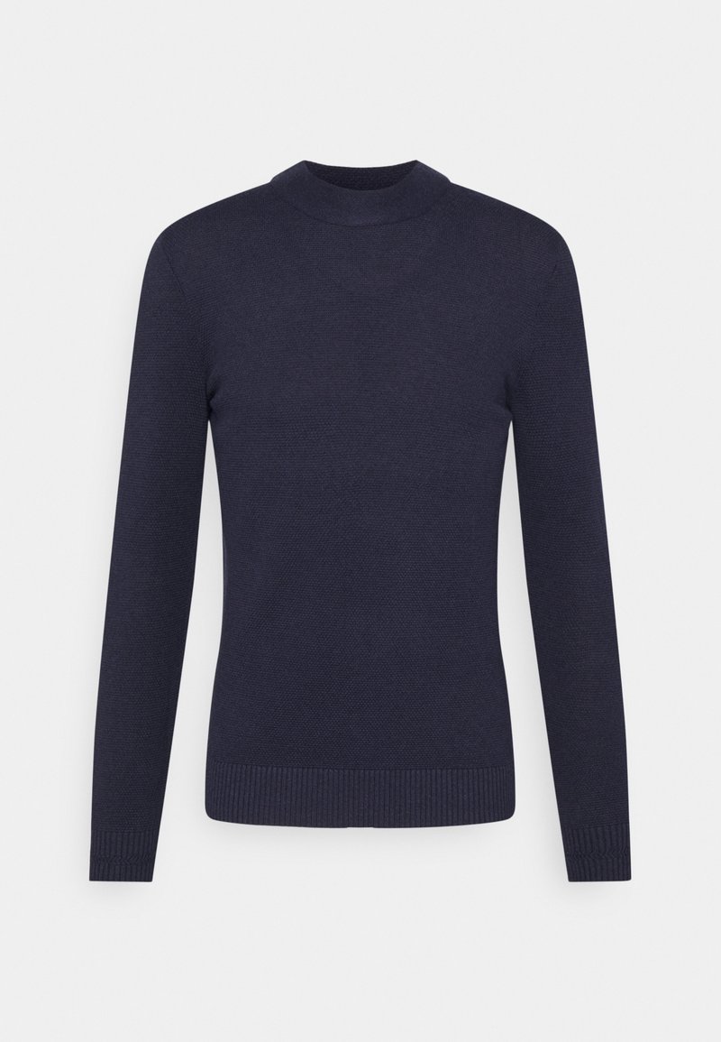 Navy blue sweater, made of textured fabric, features a high neckline and long sleeves with ribbed cuffs and hem.