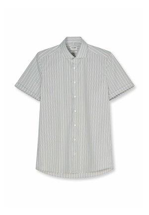 Camicia a maniche corte, grigio chiaro con bottoni, righe verticali bianche e colletto classico, mostrata su sfondo bianco.