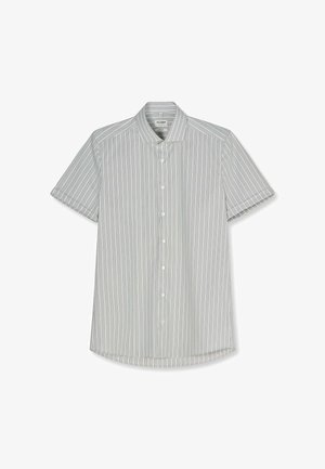 Camicia a maniche corte, grigio chiaro con bottoni, righe verticali bianche e colletto classico, mostrata su sfondo bianco.