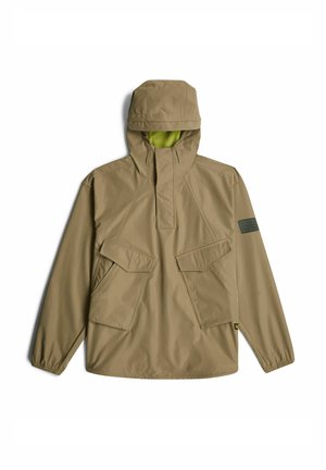 Beige waterproof jacket with a hood, featuring two large front pockets and elastic cuffs. Interior has a bright green lining.