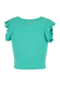 Turkusowa, żeberkowana bluzka z krótkim rękawem z falbanami na ramionach. Dopasowany krój z okrągłym dekoltem i gładką fakturą.