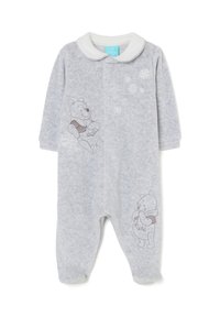 Mono de lana gris con mangas largas, cuello blanco y detalles bordados de Winnie the Pooh, presentando copos de nieve y una textura suave.