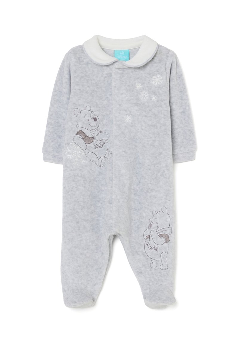 Mono de lana gris con mangas largas, cuello blanco y detalles bordados de Winnie the Pooh, presentando copos de nieve y una textura suave.