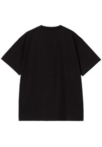 Czarna bawełniana koszulka z luźnym krojem. Posiada krótkie rękawy oraz okrągły dekolt. Gładka tekstura, bez widocznych grafik ani wzorów.