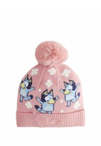 Berretto a maglia rosa con un pom-pom soffice. Presenta cani cartoni e piccoli motivi floreali. Polsino a coste con la parola "Bluey" ricamata.