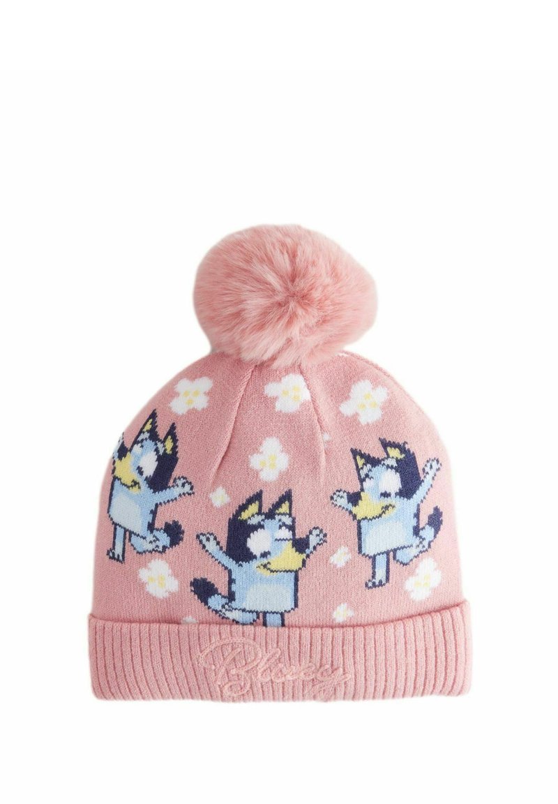 Berretto a maglia rosa con un pom-pom soffice. Presenta cani cartoni e piccoli motivi floreali. Polsino a coste con la parola "Bluey" ricamata.