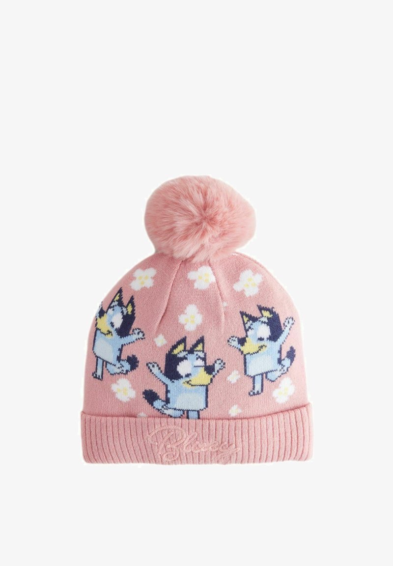 Pink knit beanie with a fluffy pom-pom. Features cartoon dogs and small floral patterns. Ribbed cuff with the word "Bluey" in embroidery.