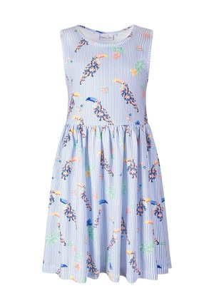 Sukienka bez rękawów w jasno-niebiesko-białe paski, z kolorowym nadrukiem kwiatów i tukana, zebrana w talii, do kolan dla dziewczynek.