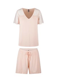 Lys pink loungewear sæt med en V-hals top, der har blondeærmer og shorts med snor. Glat stof, afslappet pasform, åndbart design.