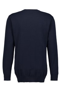 Marineblauer Strickpullover, Rundhalsausschnitt, lange Ärmel, gerippte Bündchen und Saum, strukturierter Stoff, einfarbig ohne sichtbare Muster oder Akzente.