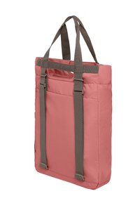Roze gewatteerde draagtas met grijze banden. Bevat verticale naden en een buitenzak. Rechthoekige vorm met dubbele handgrepen voor veelzijdigheid.