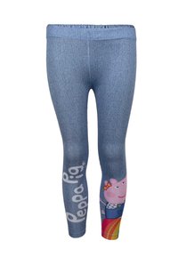 Leggings de mezclilla que presentan un gráfico de Peppa Pig con un diseño de arcoíris, cinturilla elástica y texto impreso en blanco que dice "Peppa Pig."