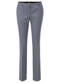 Op maat gemaakte grijze broeken van gestructureerde stof, met een rechte pijpdesign, riemlussen en een subtiel ruitpatroon.