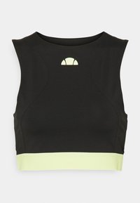 Haut court noir avec une bande vert clair à l'ourlet et un accent réfléchissant semi-circulaire à l'avant. Présente une texture lisse.