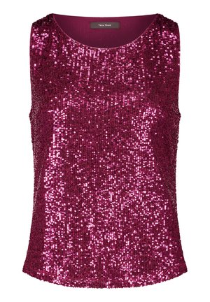 Fuchsia Pailletten-Oberteil mit ärmellosem Design, rundem Halsauschnitt und glatter Innenauskleidung. Funkelnde Oberfläche mit einem einheitlichen Paillettenmuster.